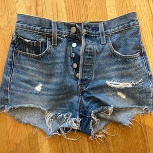 Levi's 501 Blue Distressed Jean Shorts with Frayed Hem